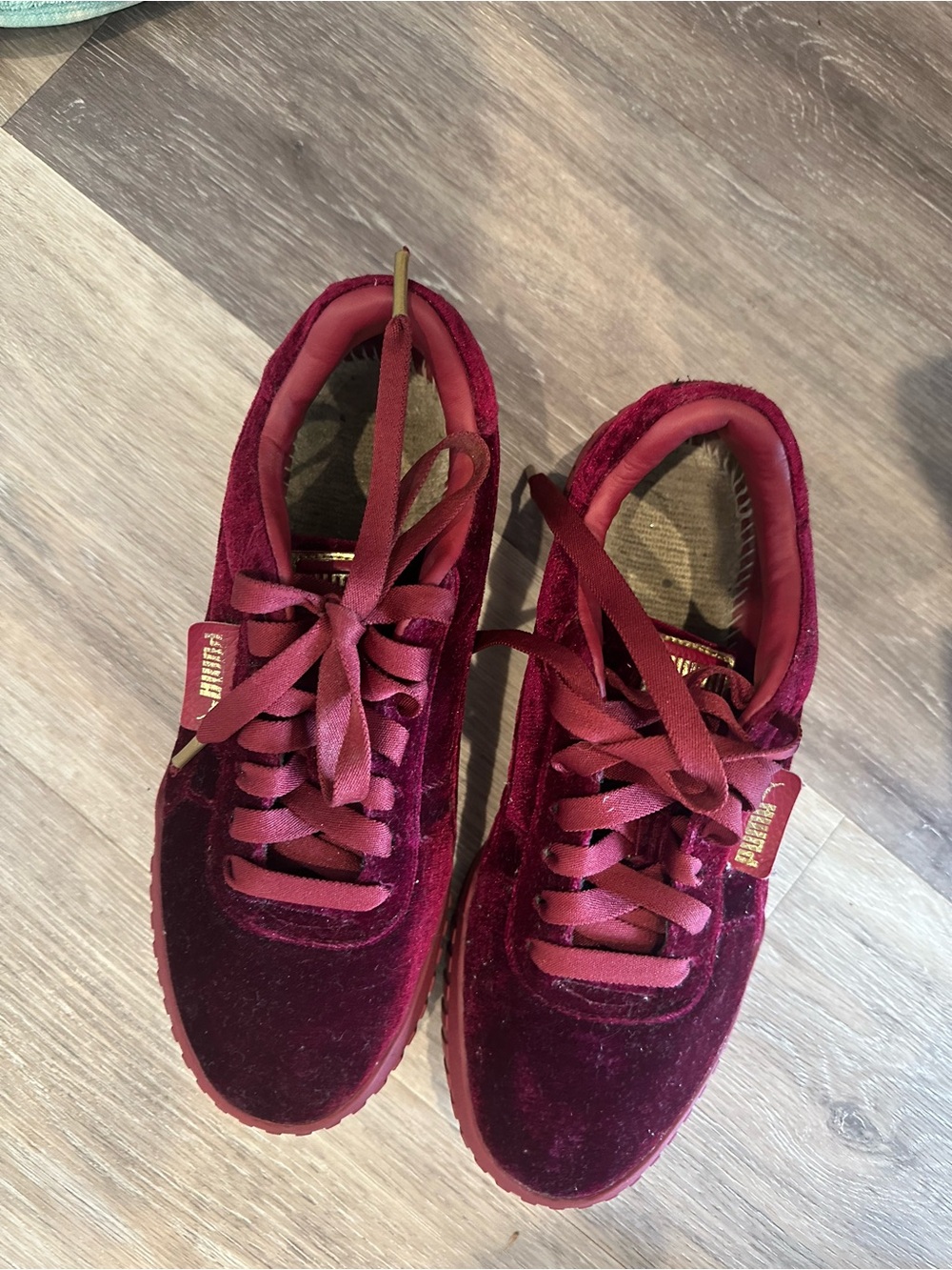 Puma Women's Burgundy Velvet Lace-Up Sneakers with Gold Accent